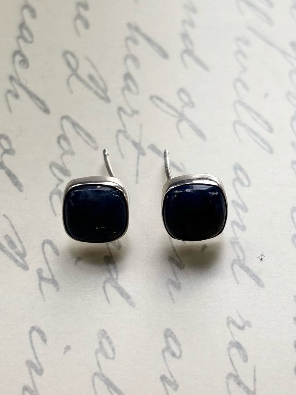 Sterling Silver Navy Blue Lapis Lazuli Sqaure Cabochon Stud Earrings